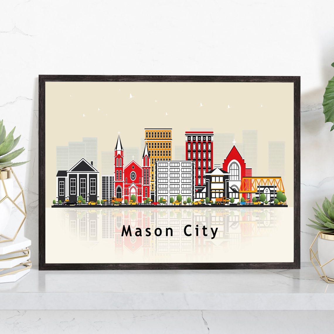 Mason City Iowa Small Town Skyline Illustration With Reflection Poster