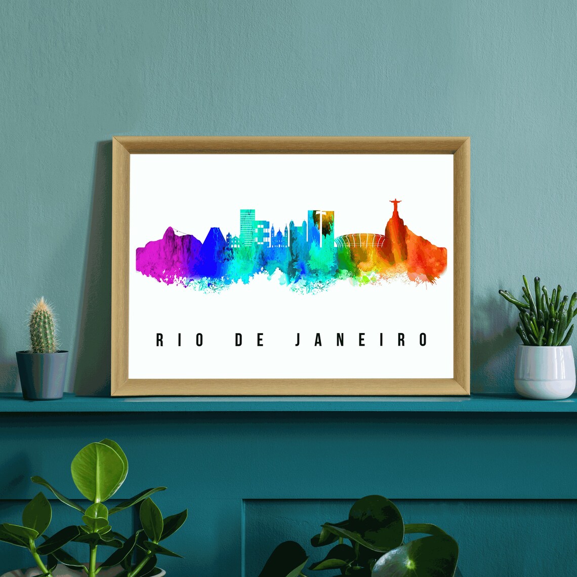 Rio De Janeiro Brazil Rainbow Watercolor Skyline Travel Poster - Image 3