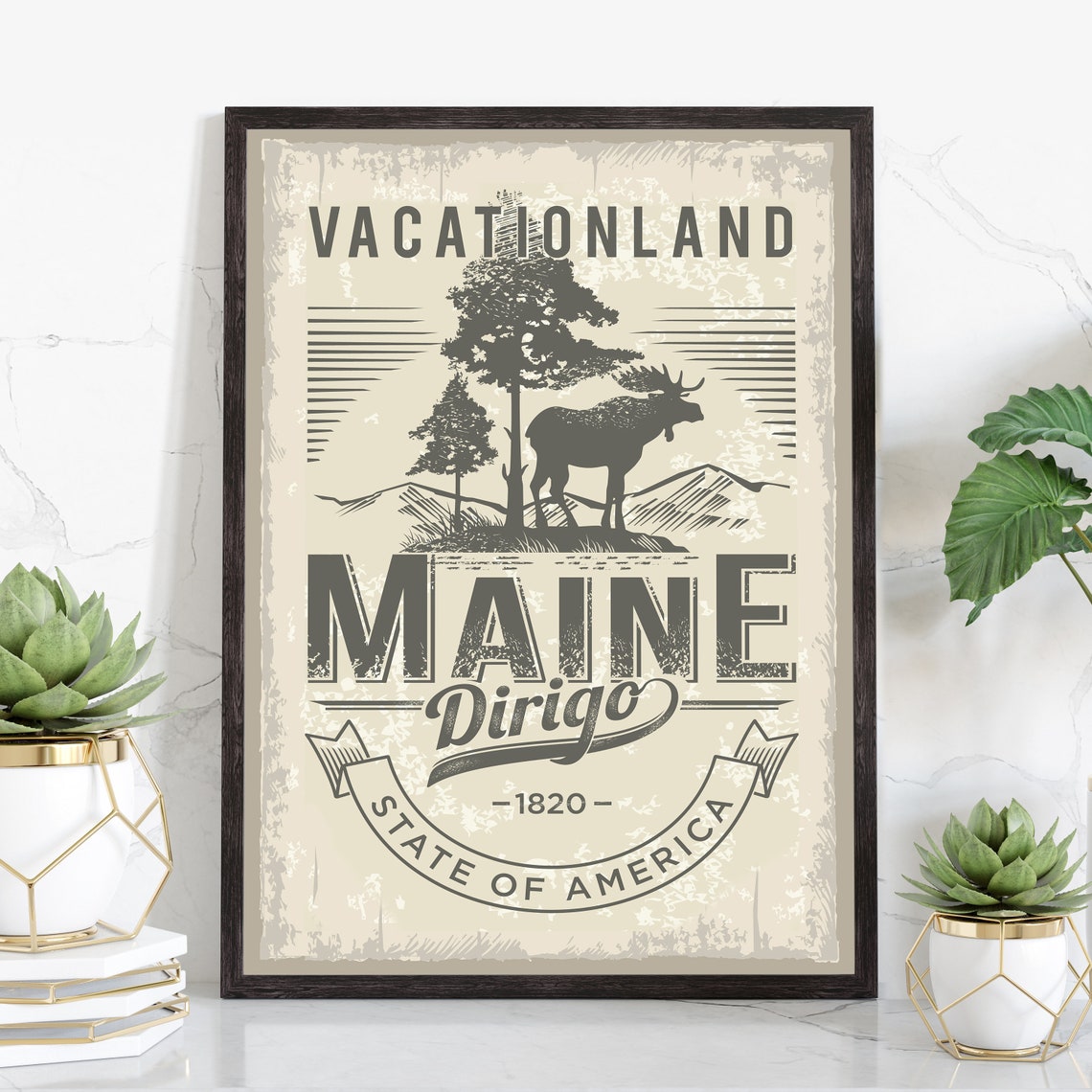 Maine Vacationland Retro State Emblem Moose Travel Poster Print