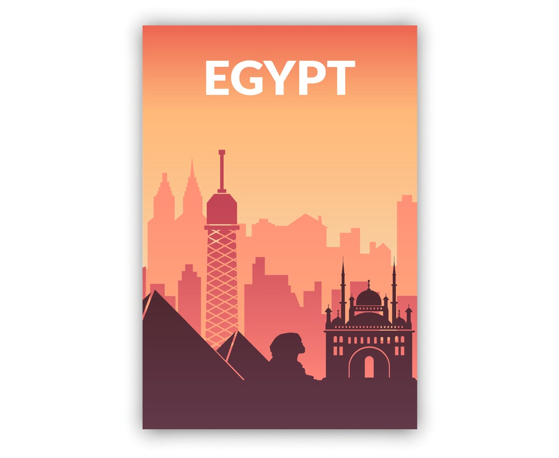 Egypt Pyramids Sphinx Sunset Skyline Minimalist Orange Gradient Poster - Image 2