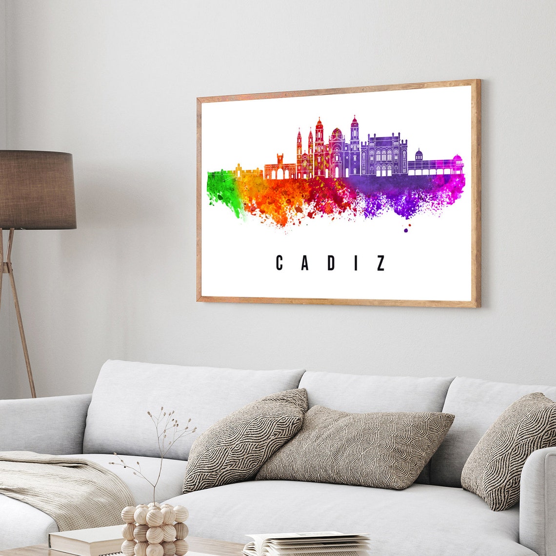 Cadiz Spain Rainbow Watercolor Skyline Cathedral Cityscape Art Poster - Image 3
