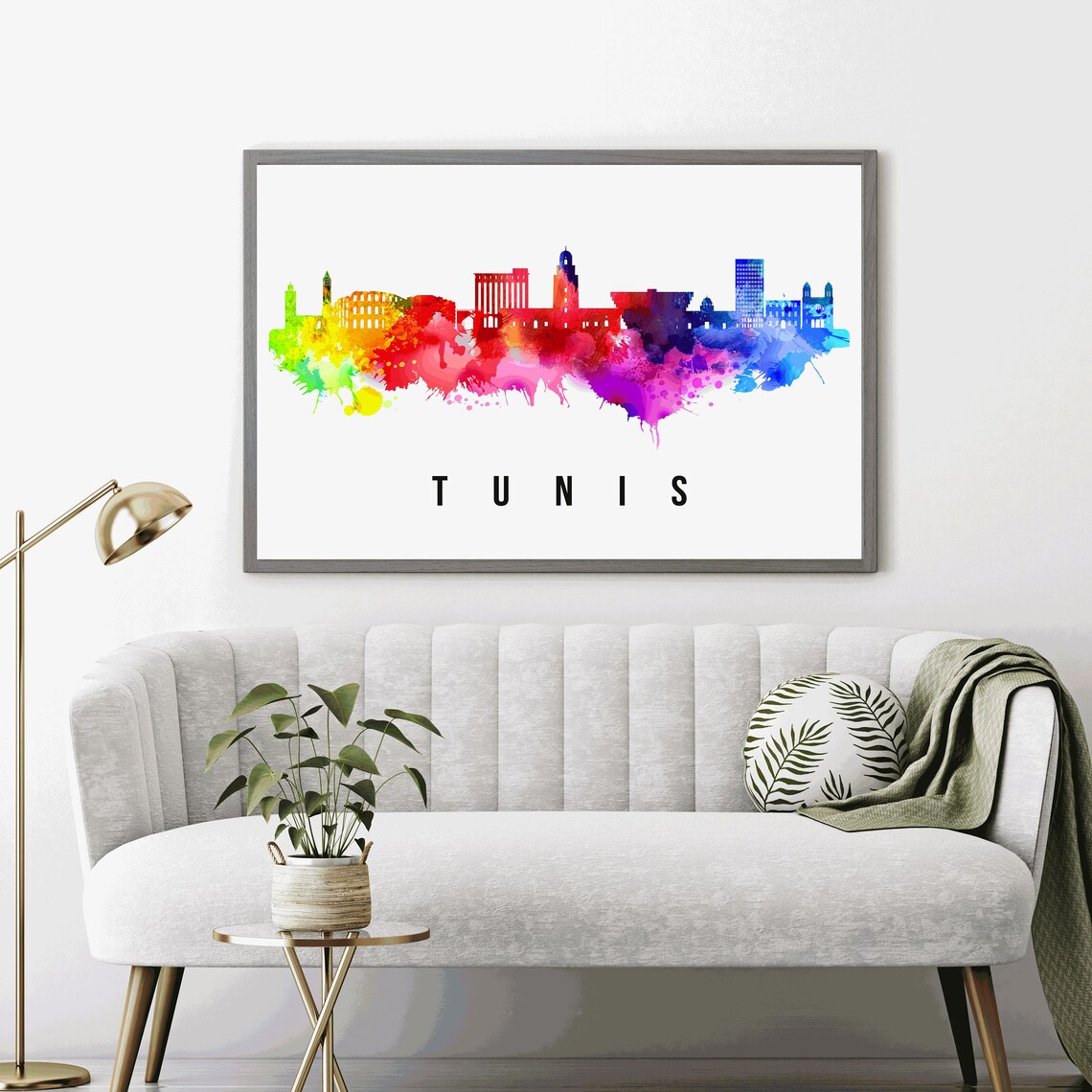 Tunis Tunisia Rainbow Watercolor Splash Skyline City Travel Poster - Image 2