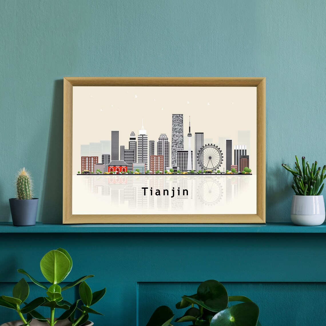 Tianjin China Ferris Wheel Eye Skyline Illustration Travel Poster - Image 2