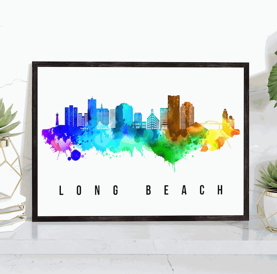 Long Beach California Rainbow Watercolor Skyline Cityscape Art Poster