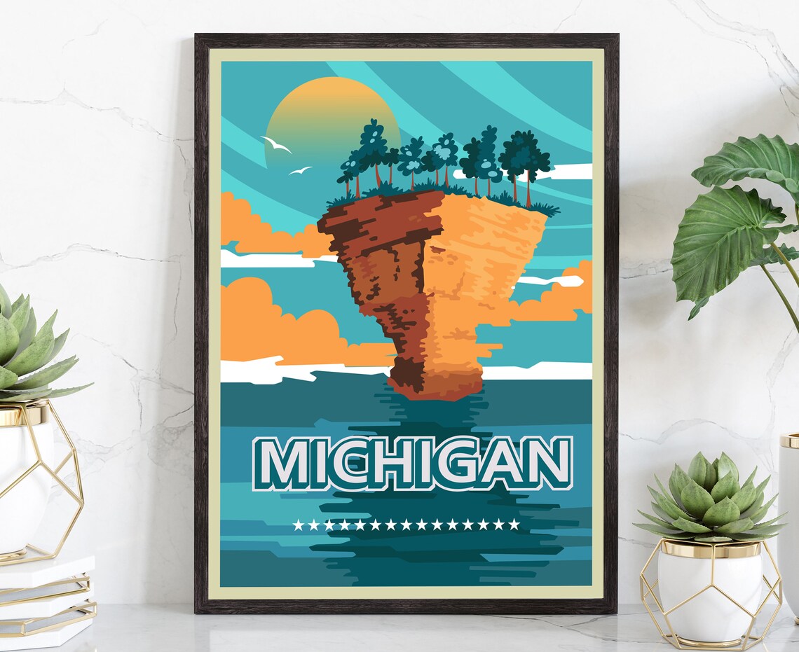 Michigan Retro Rocky Island Sunset Lake Vintage Travel Art Poster