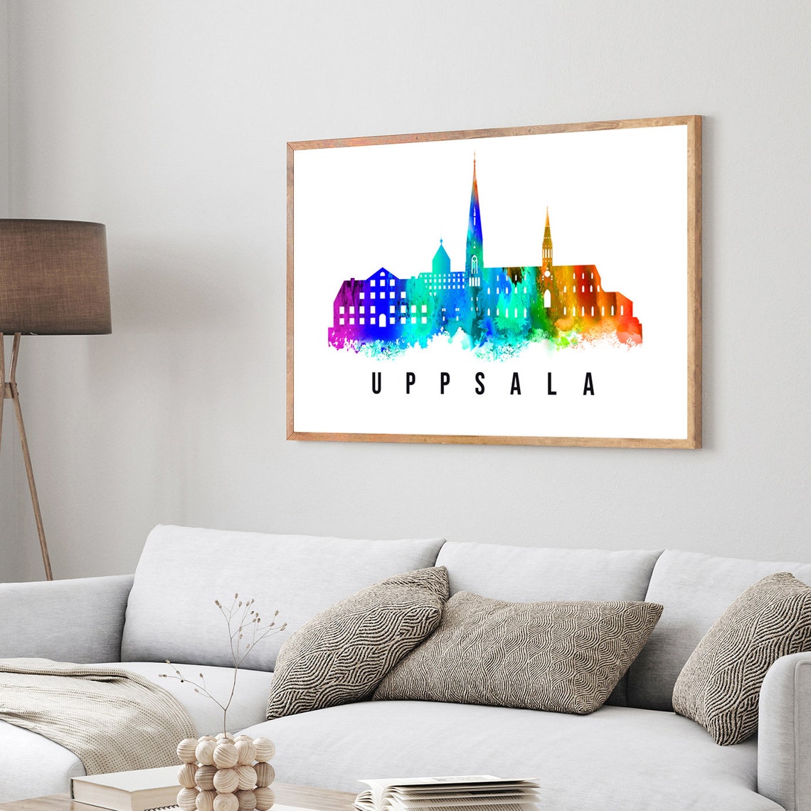 Uppsala Sweden Rainbow Watercolor Old Town Skyline Travel Poster - Image 3