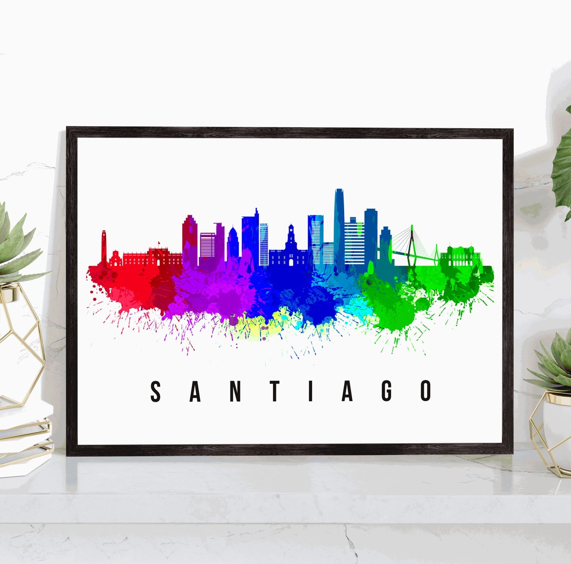 Santiago Chile Rainbow Watercolor Skyline City Travel Poster