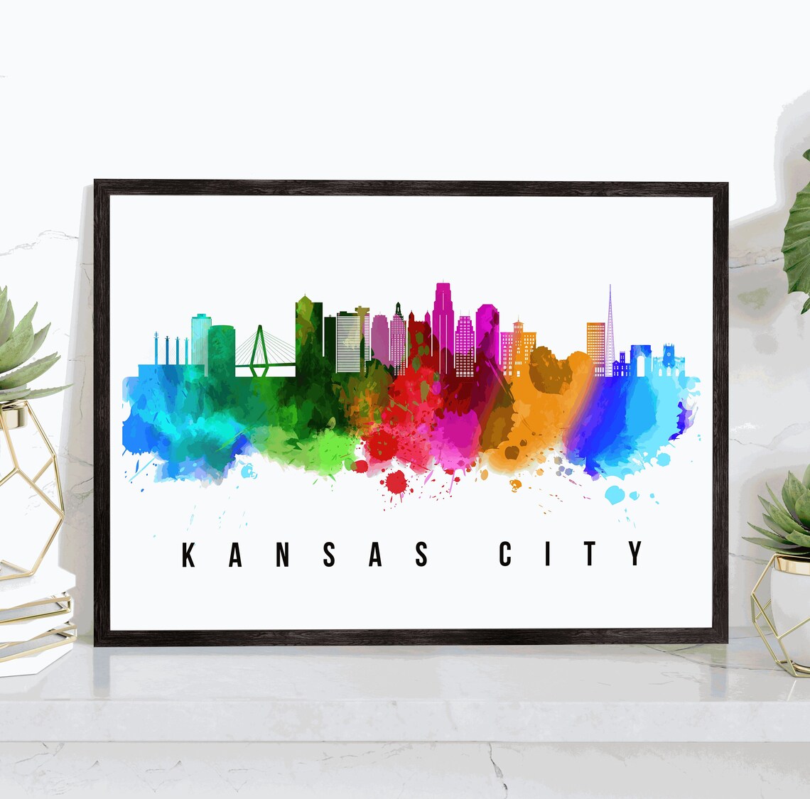 Kansas City Missouri Rainbow Watercolor Skyline Cityscape Poster