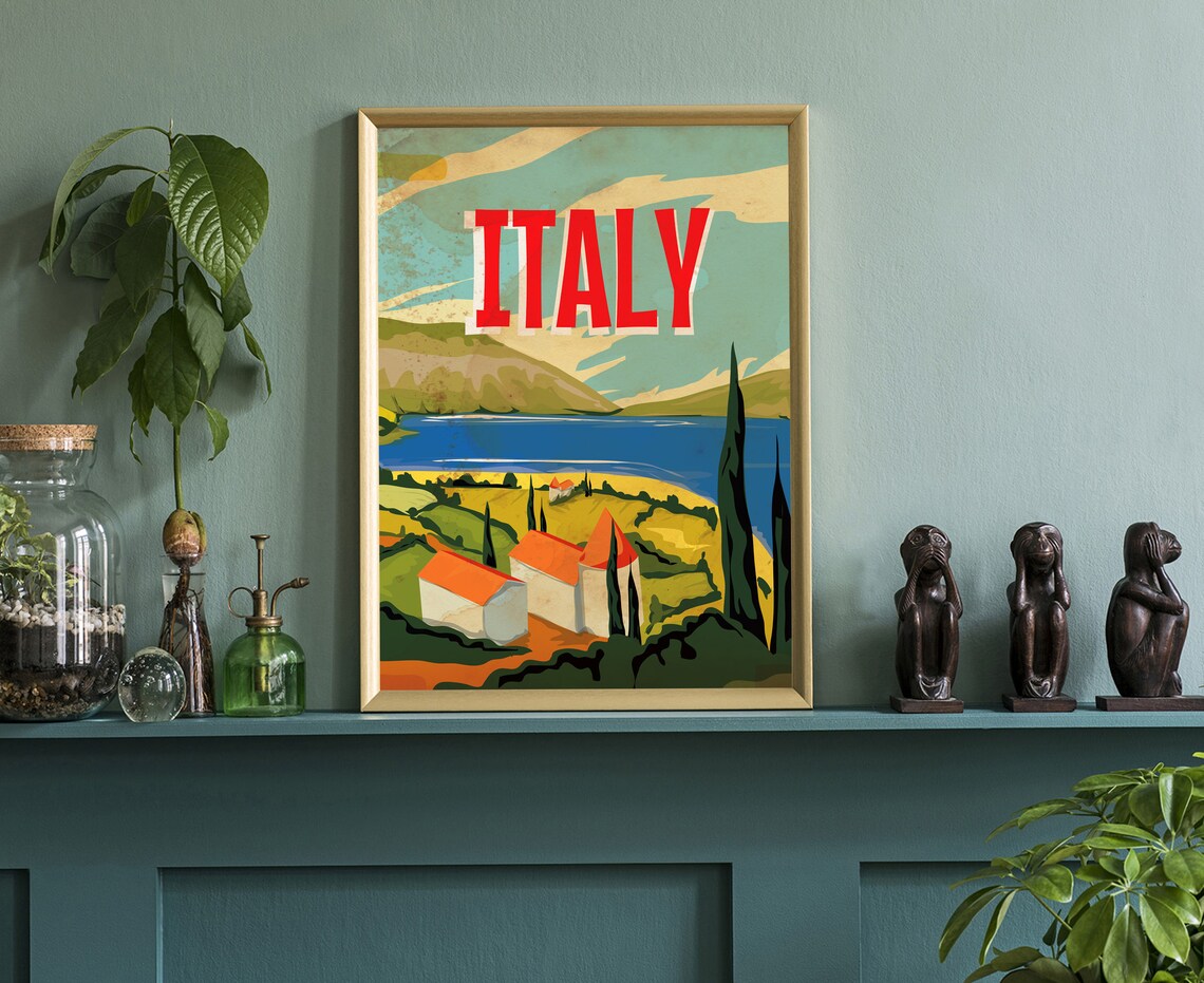 Italy Vintage Travel Poster Lakeside Cypress Countryside Landscape - Image 3