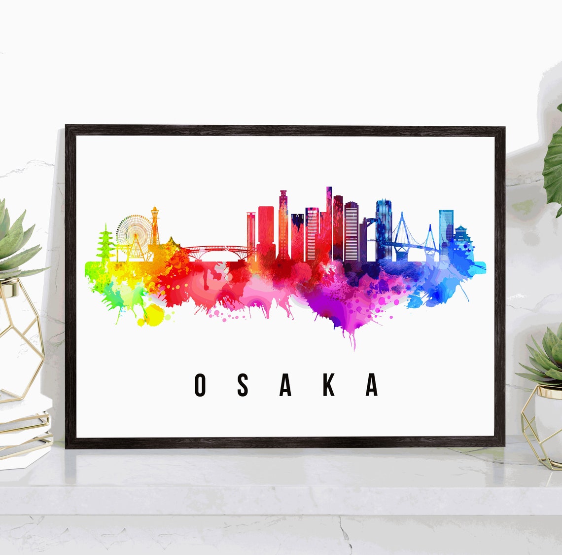 Osaka Japan Rainbow Watercolor Skyline City View Travel Poster