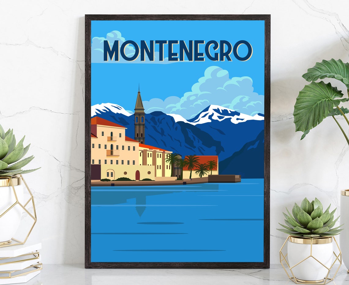 Montenegro Old Town Coast Snowy Mountains Vintage Travel Poster