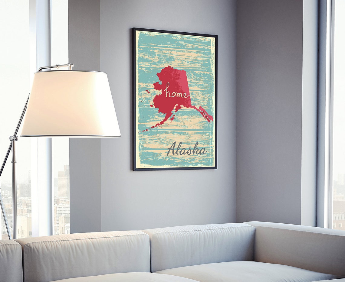 Alaska Home State Red Silhouette Vintage Distressed Teal Map Poster - Image 4