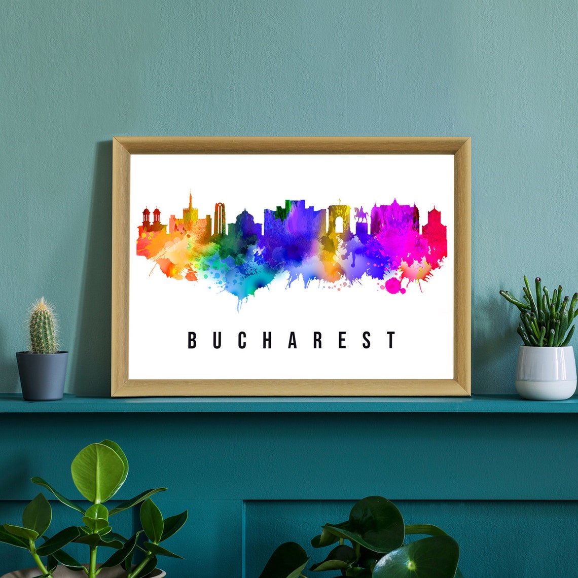 Bucharest Romania Rainbow Watercolor Skyline Domes Arch Poster - Image 2