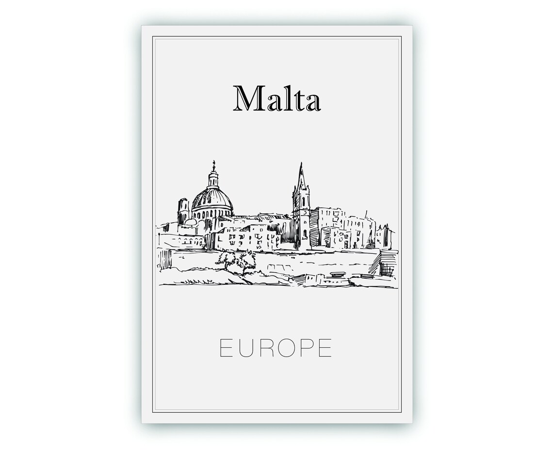 Malta Europe Skyline Grand Dome Spire Old City Sketch Travel Poster - Image 2