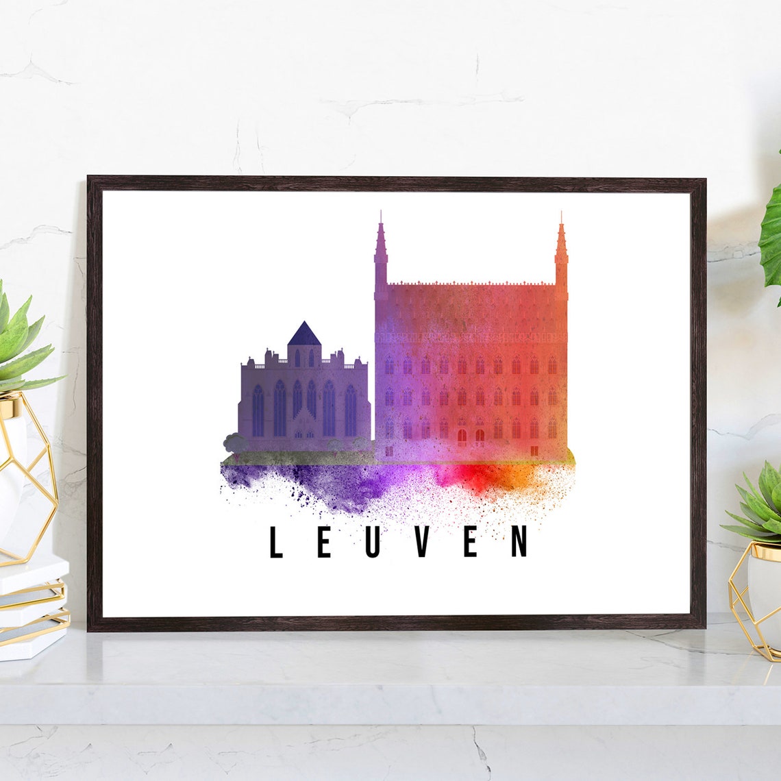 Leuven Belgium Purple Orange Watercolor Skyline Landmarks Poster