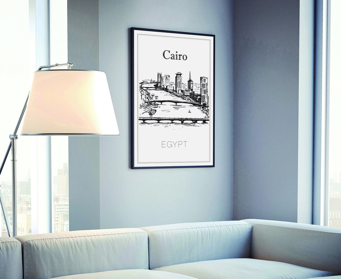 Cairo Egypt Downtown Nile River Bridges Skyline Sketch Art Poster - Image 4