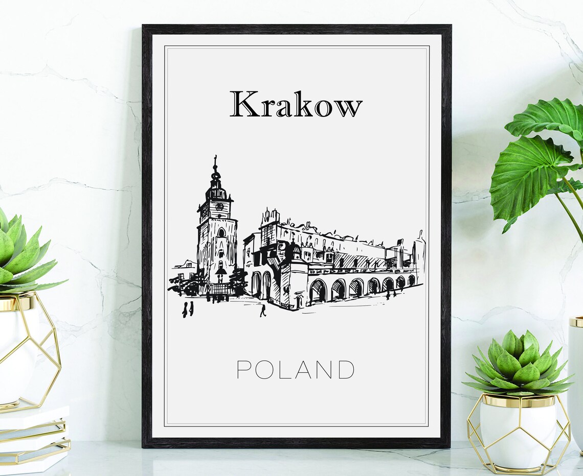 Krakow Poland Old Town Hall Tower Sketch Line Art Travel Poster