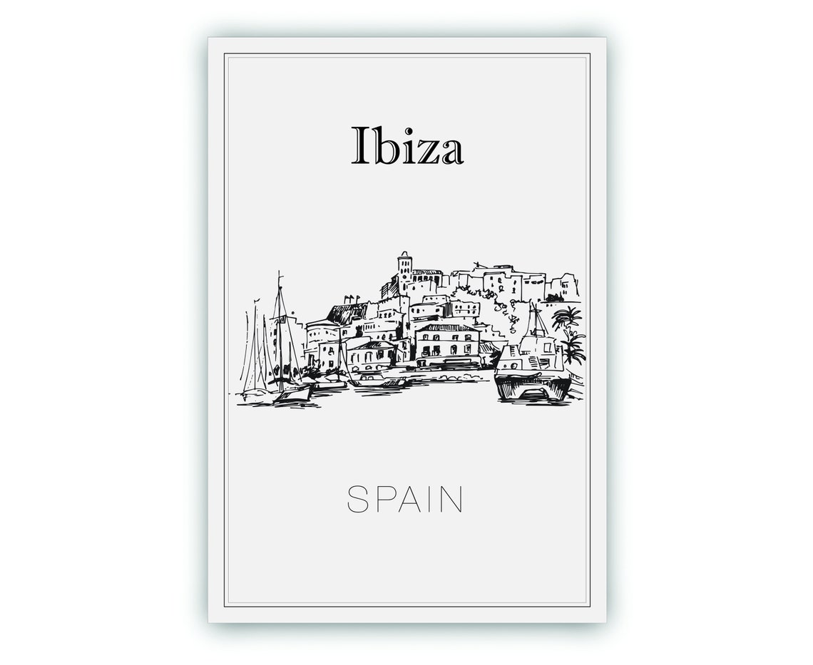 Ibiza Spain Old Town Harbor Sailboats Hand Drawn Line Art Poster - Image 2