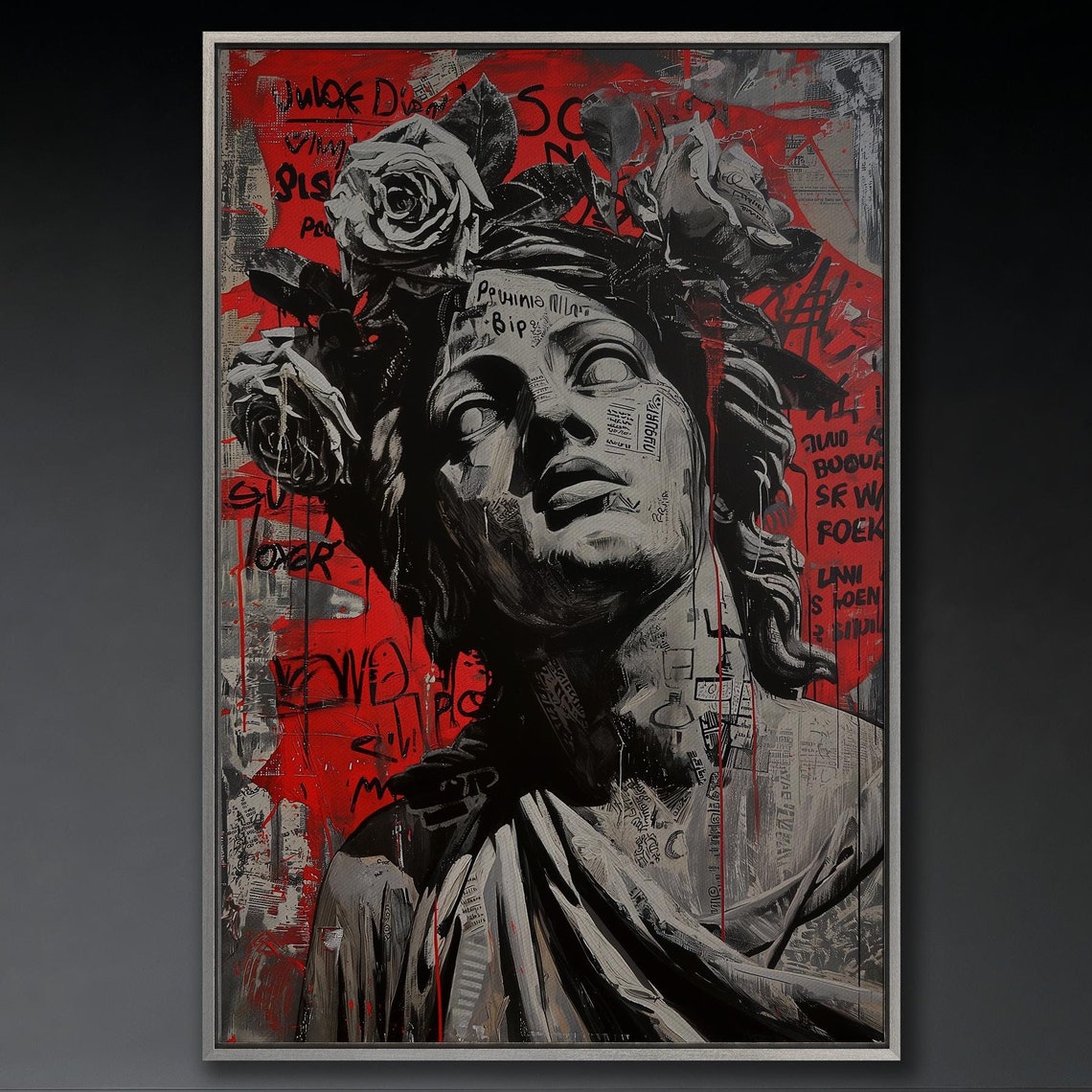 Classical Statue Bust With Roses on a Red Graffiti Art Poster