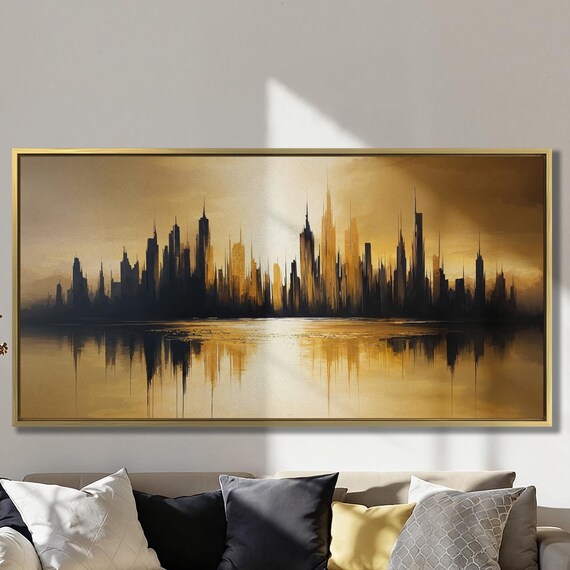 Abstract Cityscape Wall Art City Skyline Reflection Painting Print Luxury Wall Decor Urban Black And Gold Poster Ready To Hang Gift