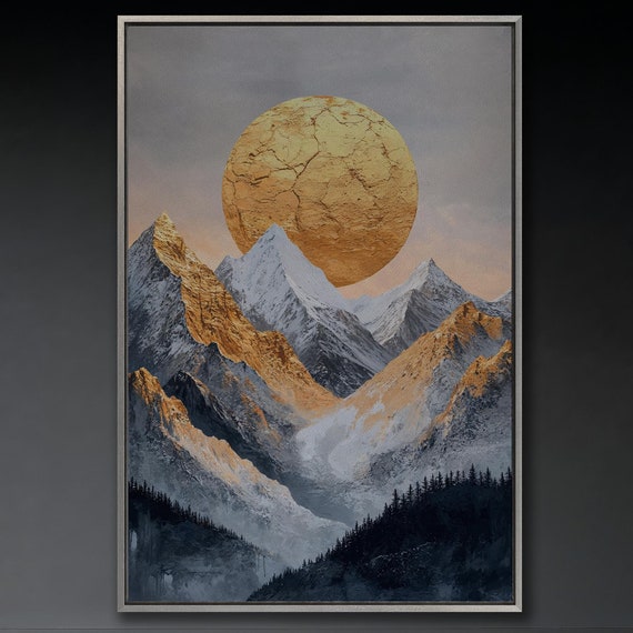 Golden Sun And Snowy Mountains Wall Art Surreal Landscape Painting Print Mountain Wall Decor Abstract Nature Art Poster Ready To Hang