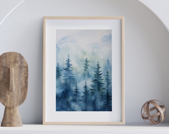 Foggy Forest Poster Painting Wall Art Gift Watercolor Colorful Painting Illustration Nature Minimalist Decor Living Room Art