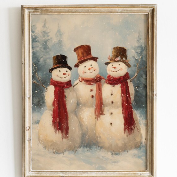 Three Snowmen Friends Top Hats Red Scarves Vintage Christmas Poster