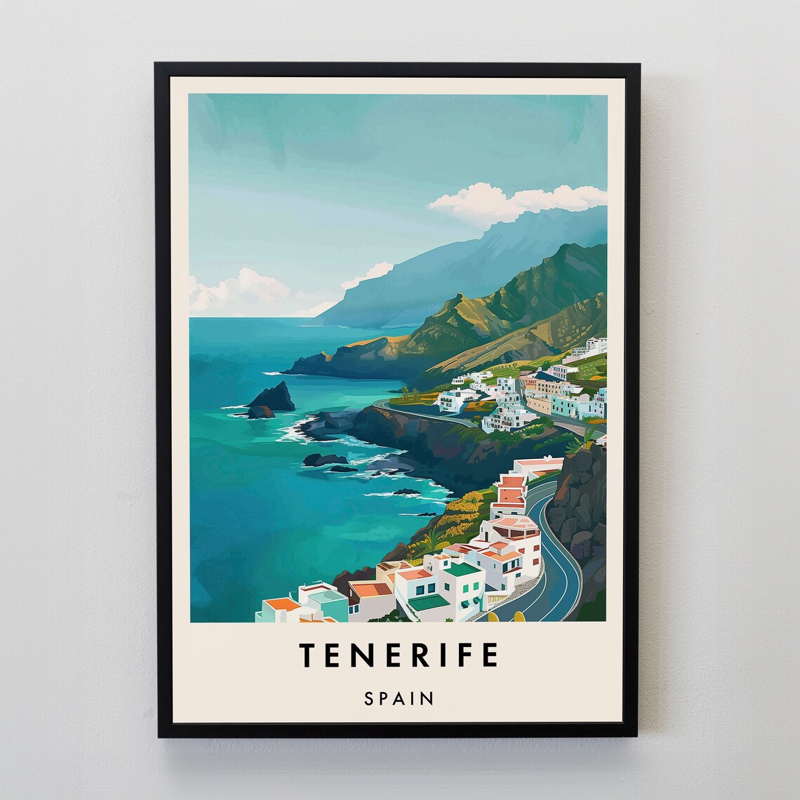 Tenerife Spain Coastal Cliffs Turquoise Sea Vintage Travel Poster