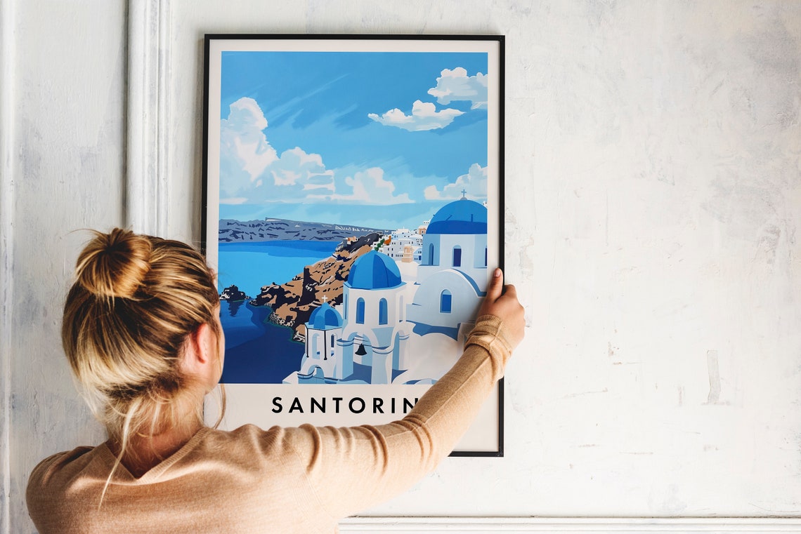 Santorini Greece Vintage Travel Poster Blue Domes Coast View - Image 2