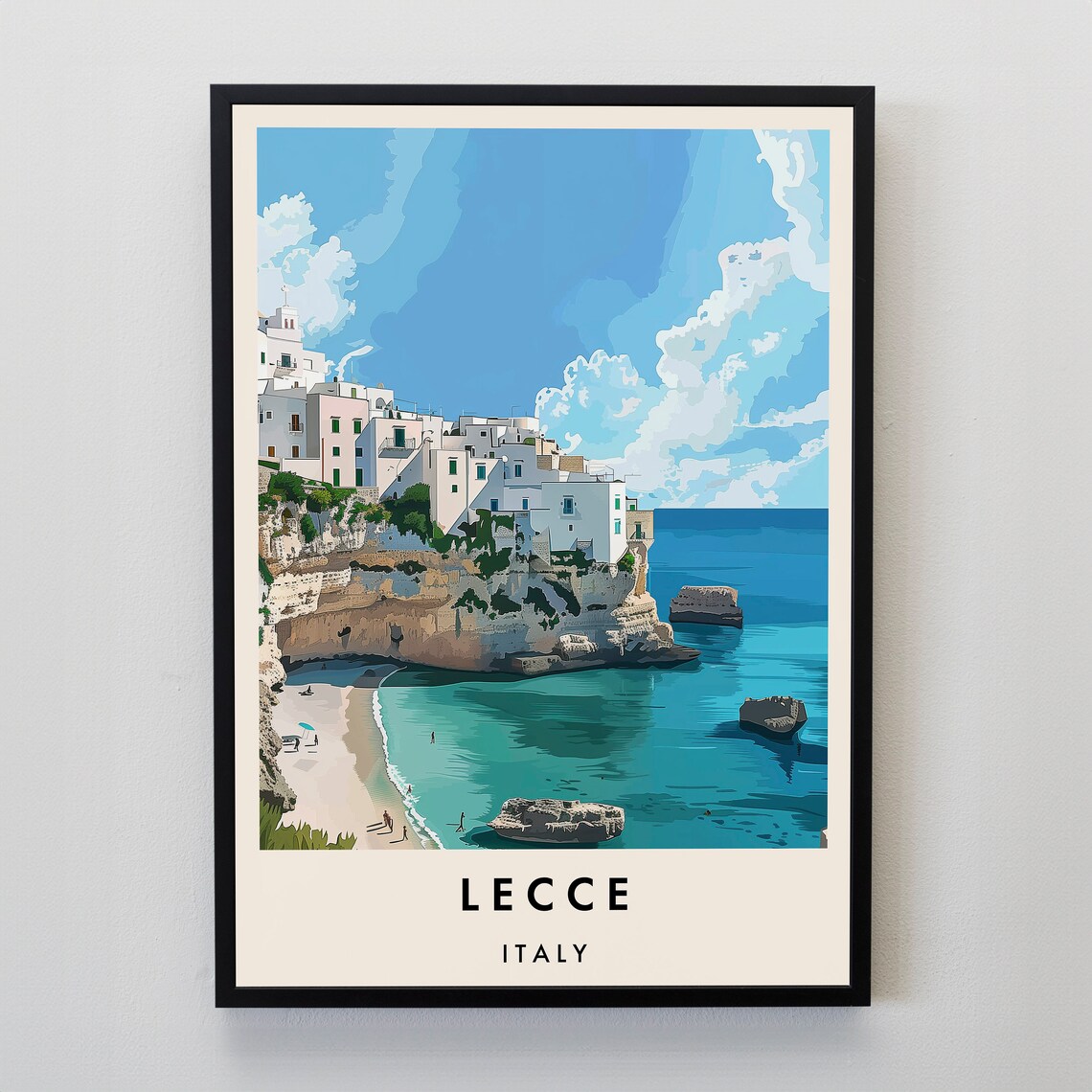 Lecce Italy White Cliffside Town Beach Vintage Travel Poster