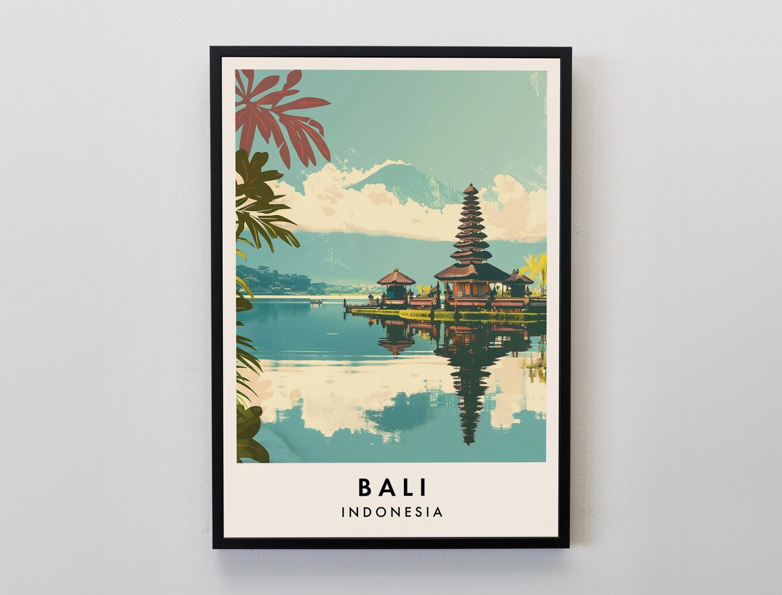 Bali Indonesia Ulun Danu Temple Lake Vintage Illustration Poster