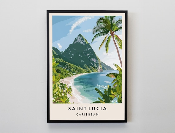 Saint Lucia Caribbean Volcanic Peak Palm Beach Tropical Art Poster
