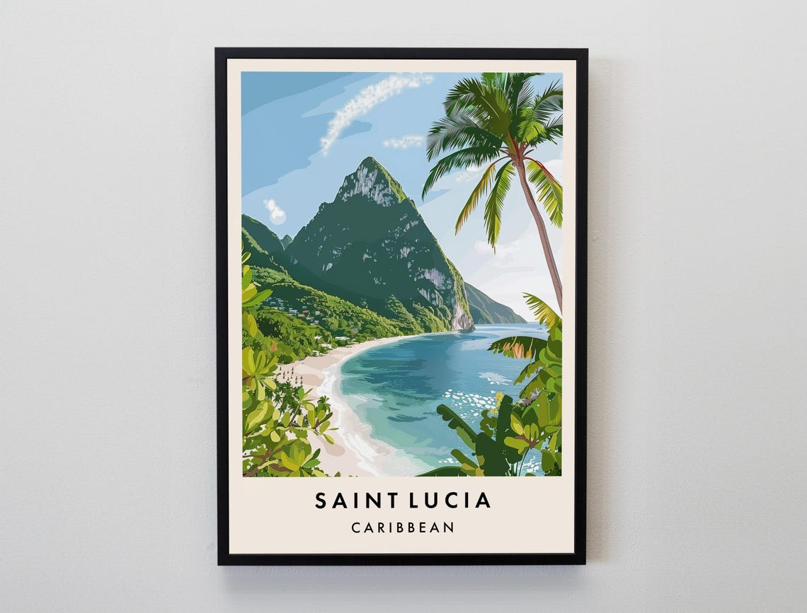 Saint Lucia Caribbean Volcanic Peak Palm Beach Tropical Art Poster
