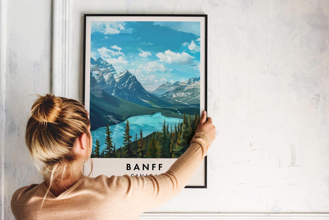 Banff Turquoise Glacier Lake Snow Peaks Evergreen Forest Travel Poster - Image 2