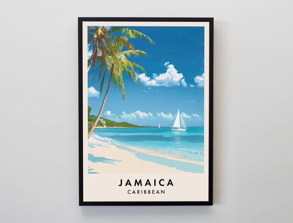 Jamaica Palm Beach White Sailboat Caribbean Sunset Travel Poster