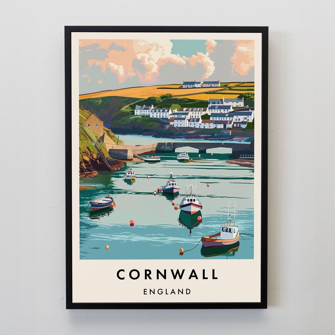 Cornwall England Harbor Fishing Boats Coastal Village Travel Poster