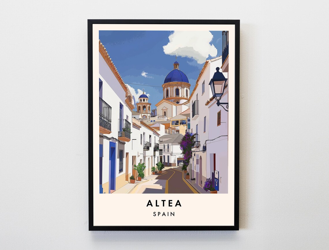 Altea Spain Old Town Travel Poster Blue Dome Church White Street