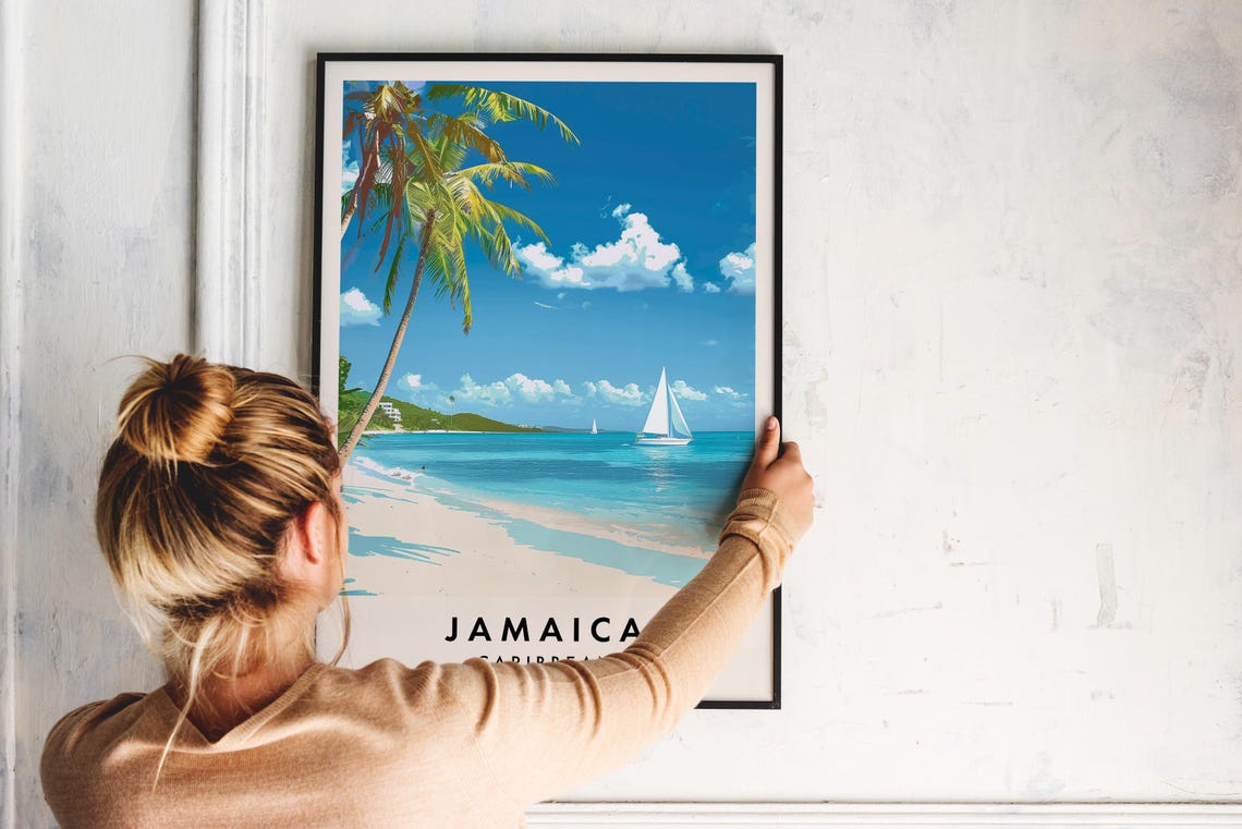 Jamaica Palm Beach White Sailboat Caribbean Sunset Travel Poster - Image 2
