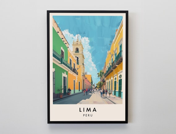 Lima Peru Colorful Colonial Street and Church Bell Travel Poster