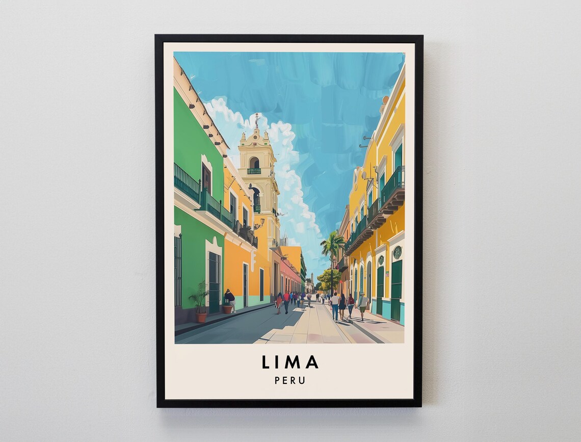 Lima Peru Colorful Colonial Street and Church Bell Travel Poster