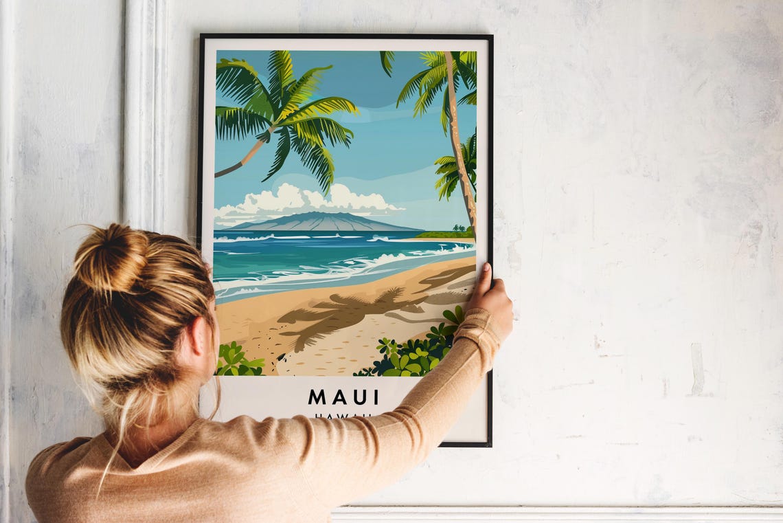 Maui Palm Framed Golden Beach Volcanic Cone Ocean View Travel Poster - Image 2