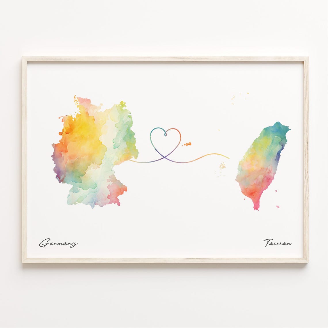 Germany Taiwan Watercolor Heart Map Long Distance Love Print