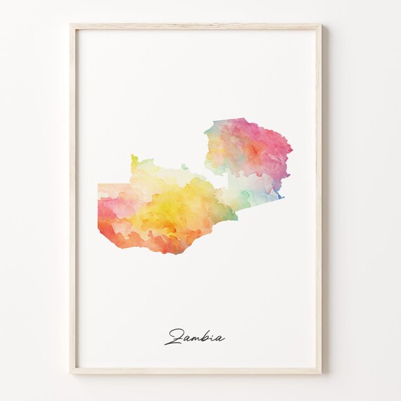 Zambia Watercolor Country Map Rainbow Abstract Art Print Wall Decor