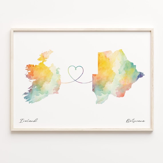 Ireland to Botswana Watercolor Country Maps Heart Long Distance Wall Art