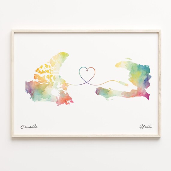 Canada to Haiti Watercolor Map Poster - Heart Line Long Distance Love Gift