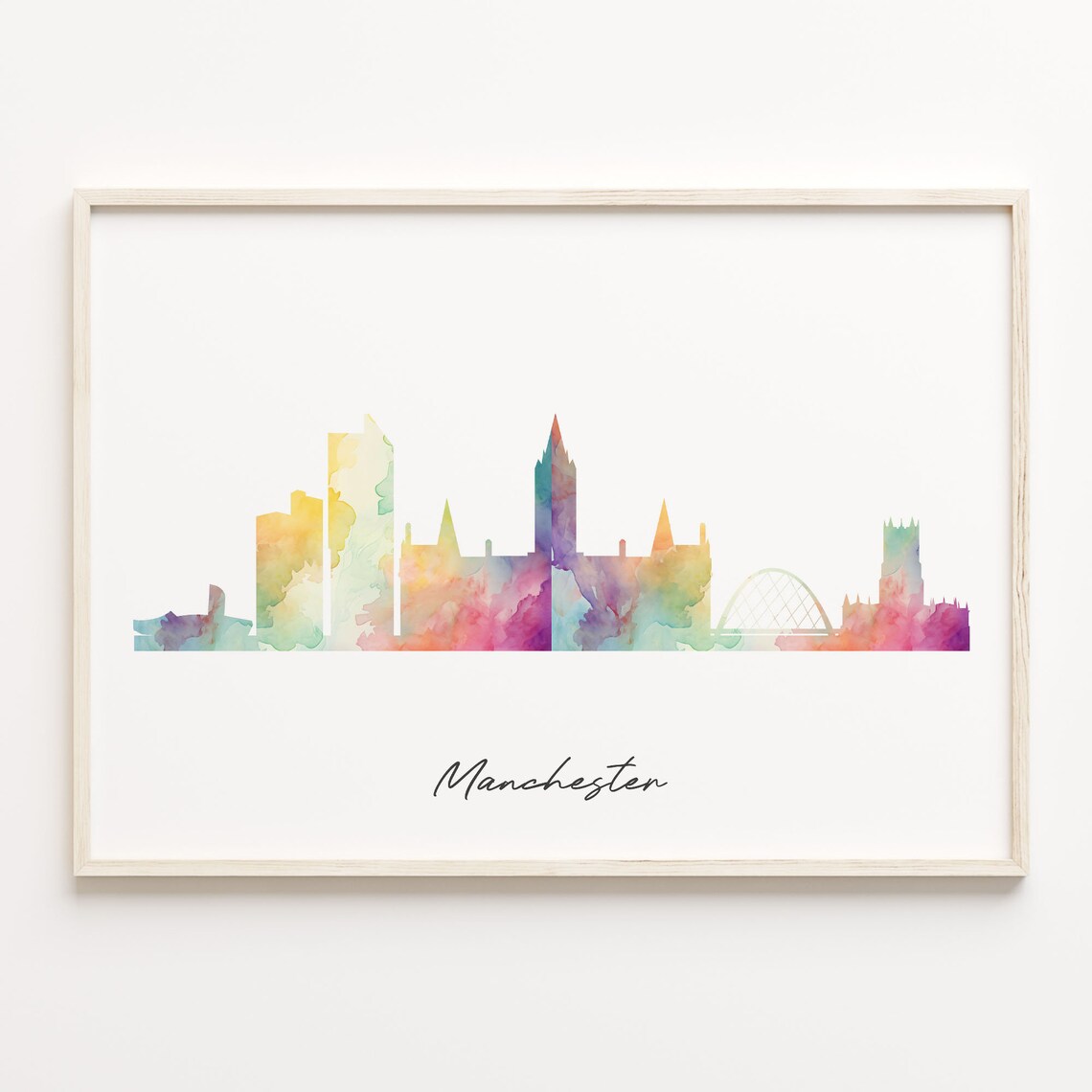 Manchester England Watercolor Skyline Cityscape Travel Art Poster