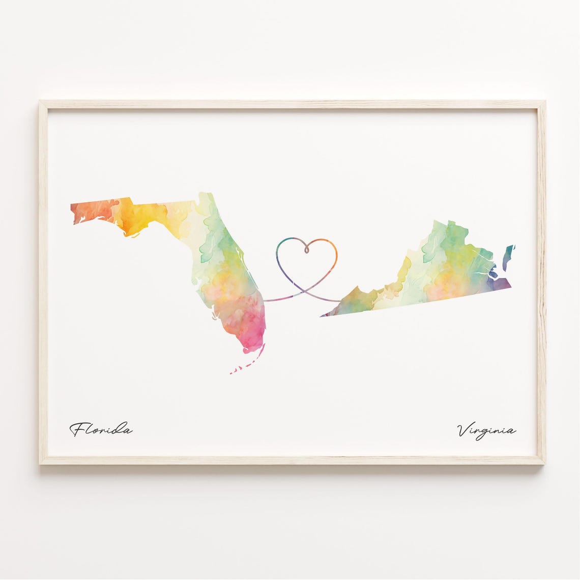 Florida To Virginia Watercolor State Map Love Connection Poster