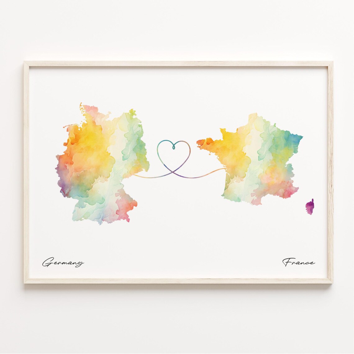 Germany To France Watercolor Heart Map Love Connection Poster