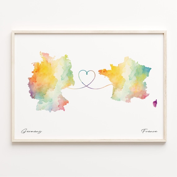 Germany To France Watercolor Heart Map Love Connection Poster