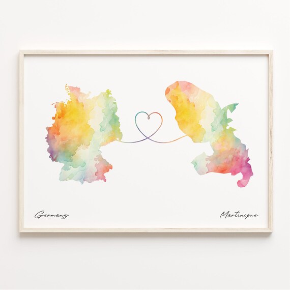 Germany to Martinique Watercolor Heart Map Long Distance Connection Poster